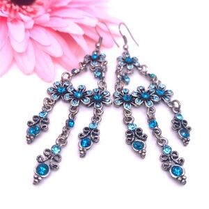 Blue Rhinestones Floral Dangle Earrings 3.5”